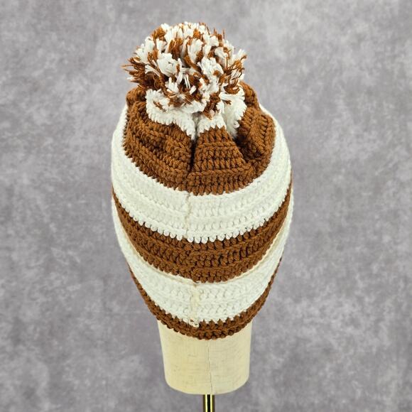 Brown Pom Pom White Cable Knit Vintage Y2k Funky Beanie‎ Crochet Hat